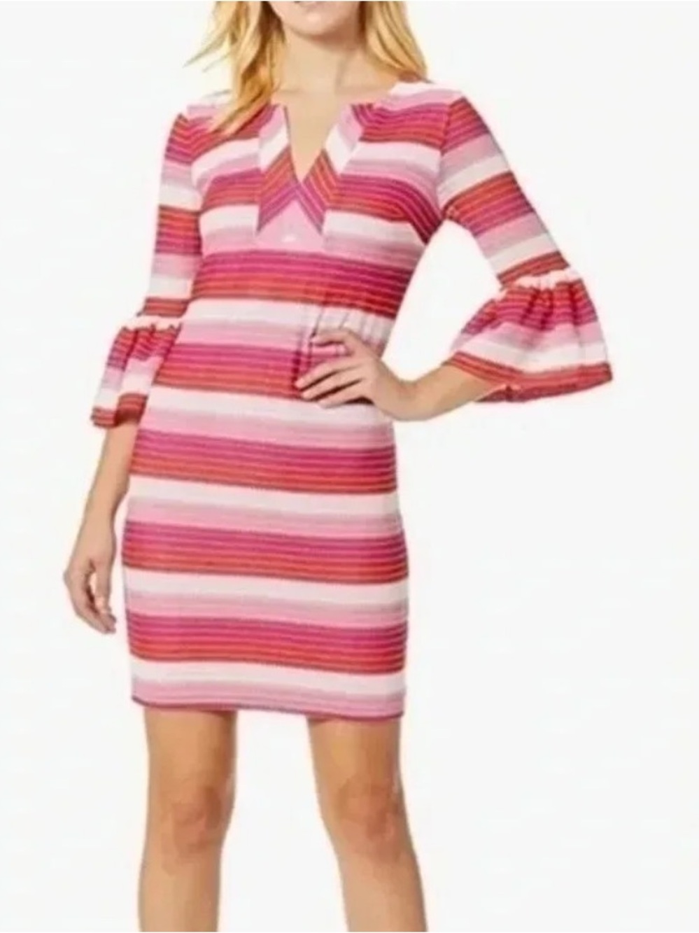 Trina Turk | Pink Coral Red Phenomenal Stripe Bell Sleeve Dress Size 4 Small S